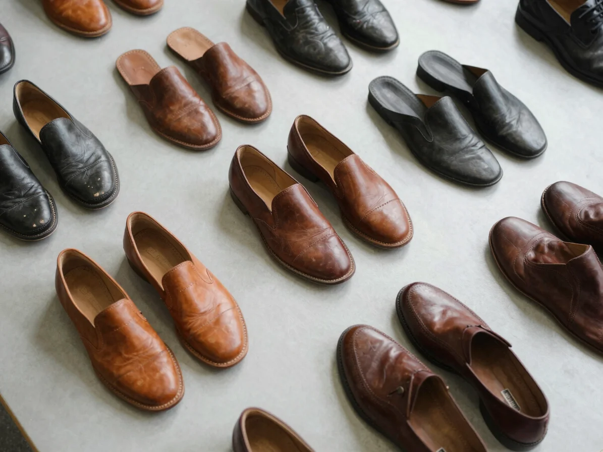 Industrial editorial photograph of several footwear uppers in var