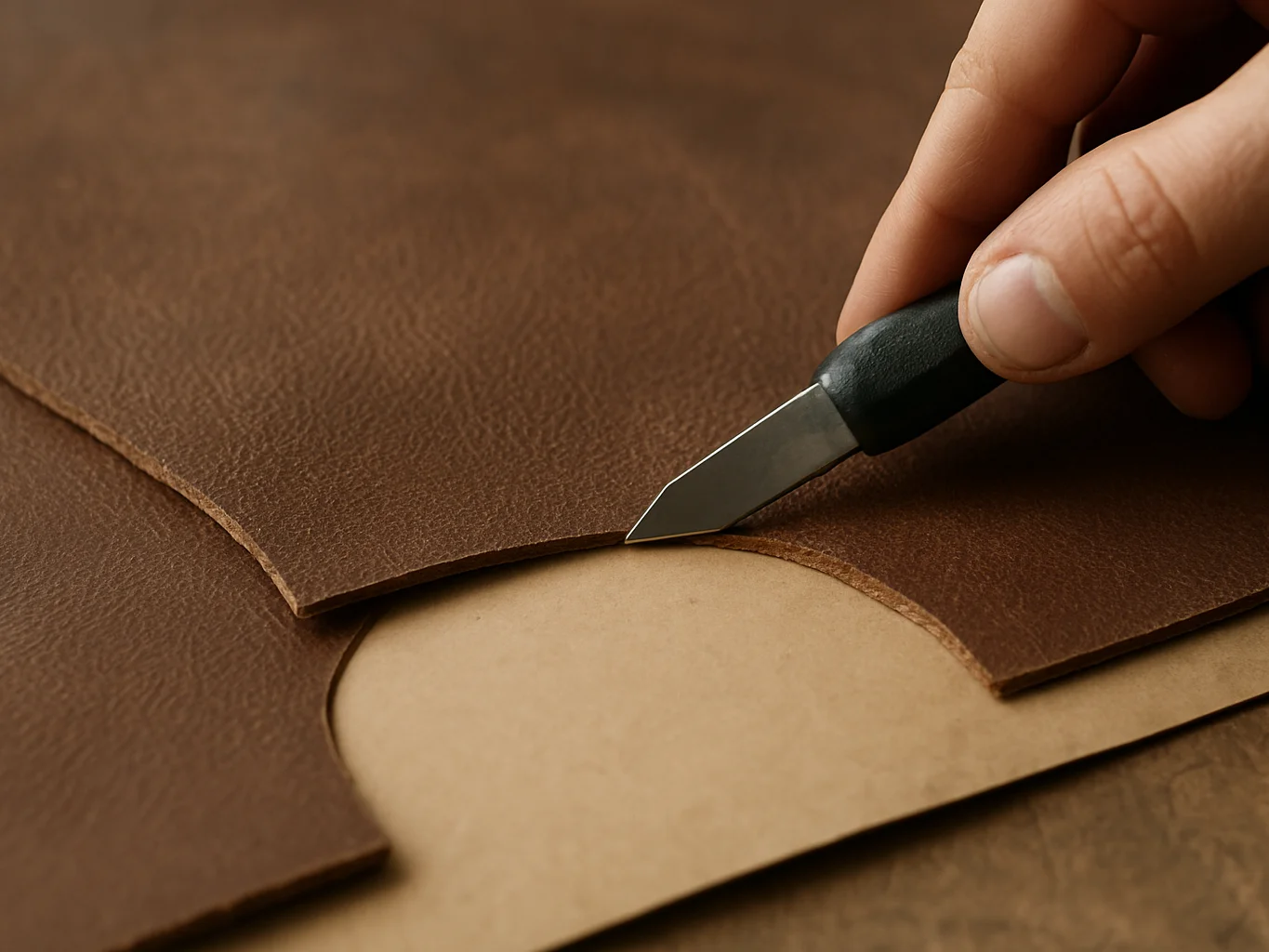 Close macro photograph of leather panels being cut along a templa