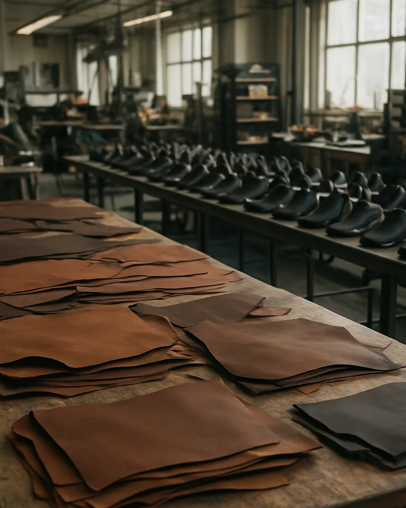 Industrial editorial photograph of an organized footwear production floor, soft neutral daylight, leather pieces sorted