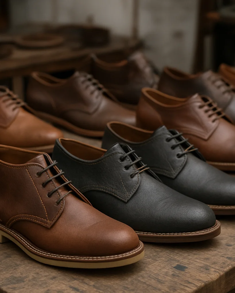 Industrial editorial photograph of finished leather footwear arra